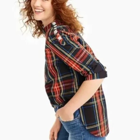 J. Crew Funnelneck Shirt in Stewart Tartan Plaid with Jeweled Buttons - Picture 1 of 7